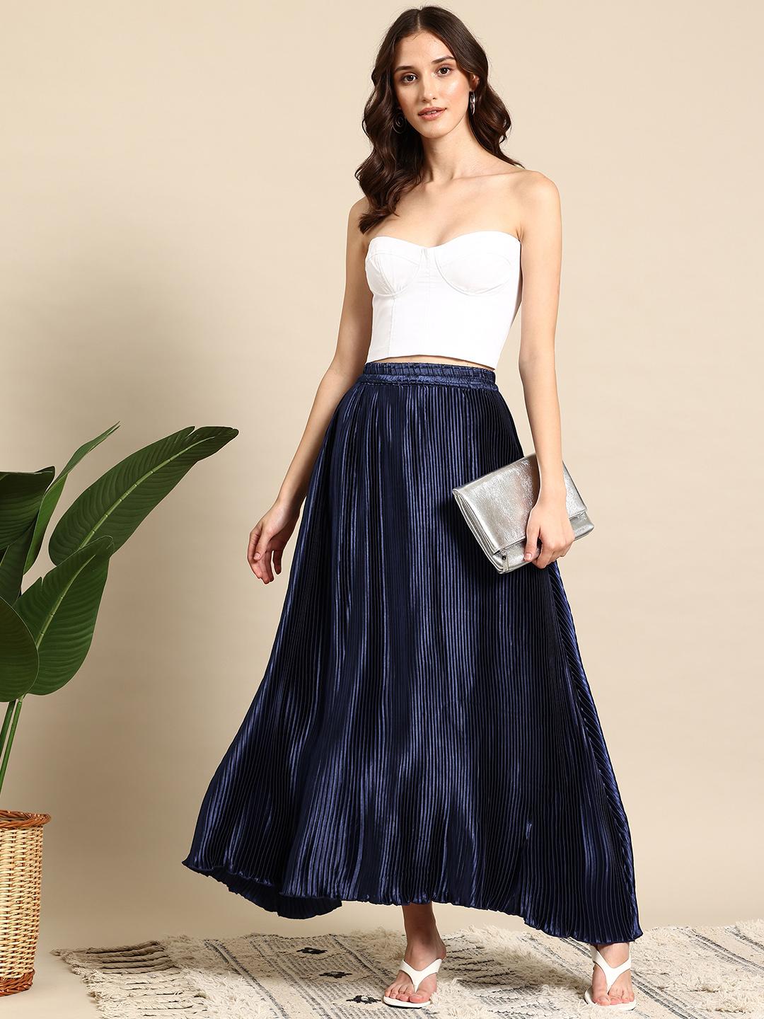 Blue Long Pleated Skirt Navy Pleated Midi Stretch Skirt Roman UK