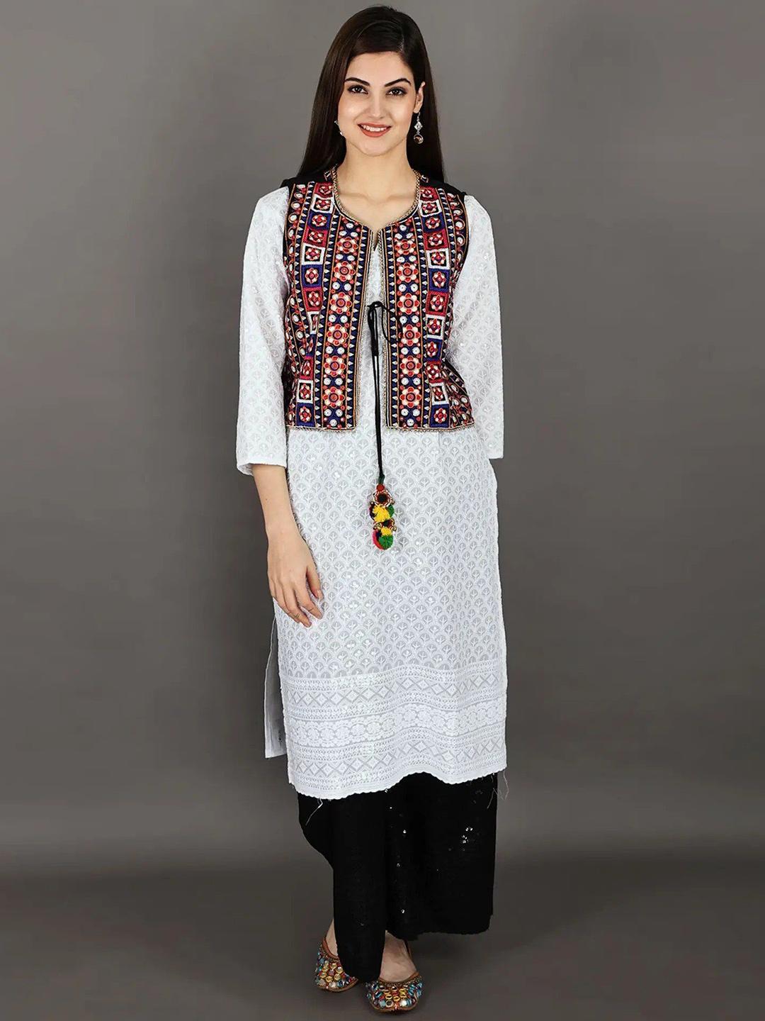 Buy Exotic India Phulkari Embroidered Short Waistcoat with Mirror