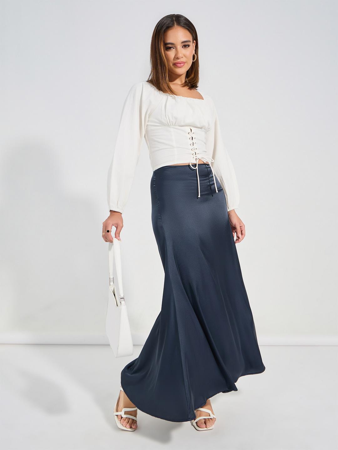 Buy Styli Women White Solid Square Neck Puff Sleeves Lace-Up Pure