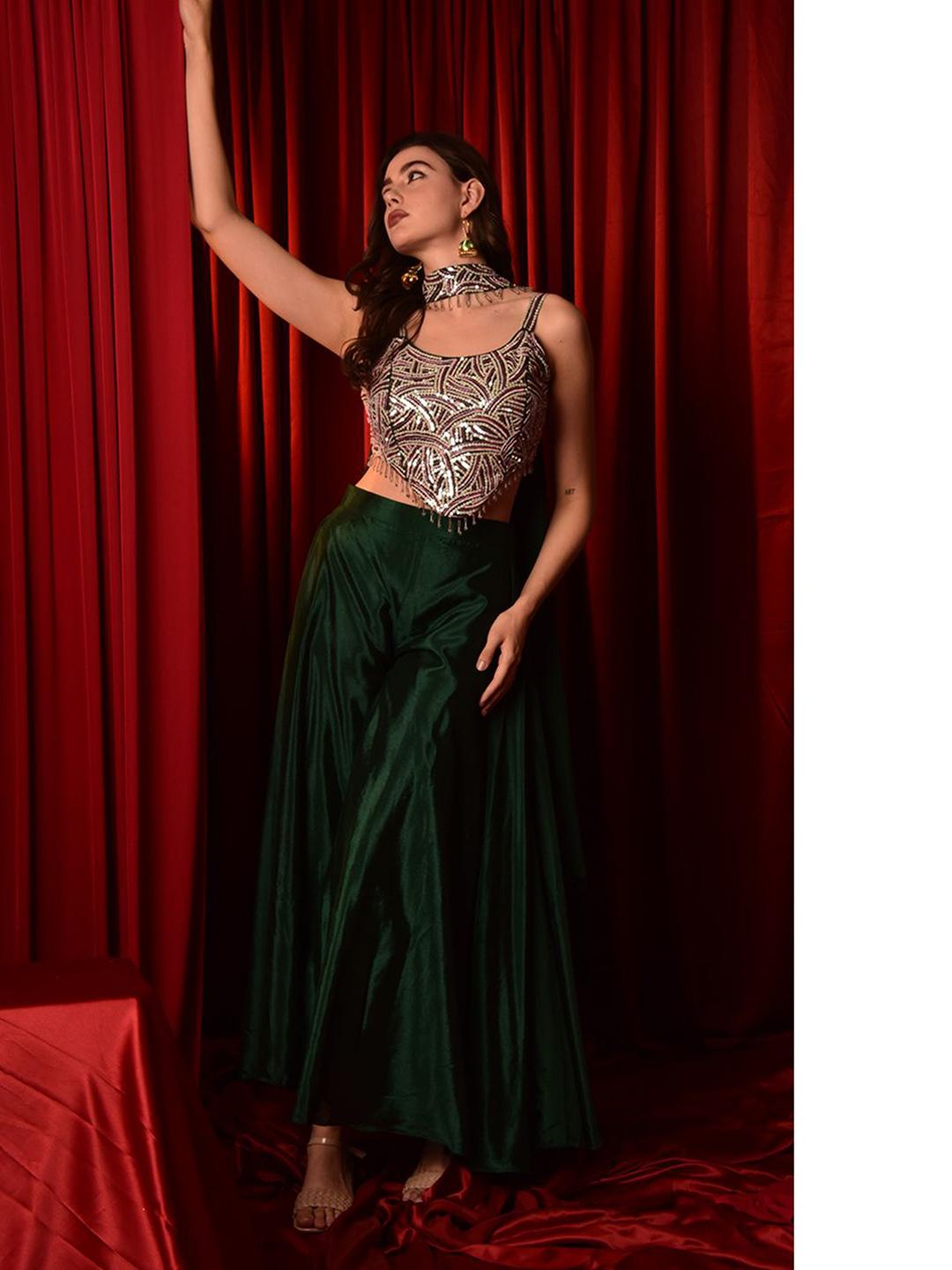 Buy Laalzari Embroidered Shoulder StrapsCrop Top & Palazoo With