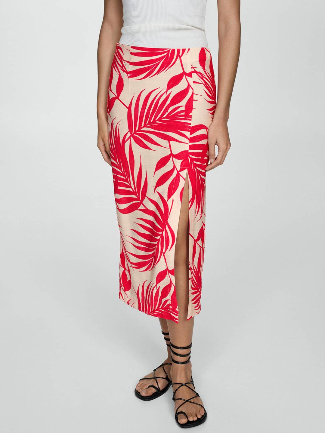 MANGO Tropical Print Satin A-Line Midi Skirt