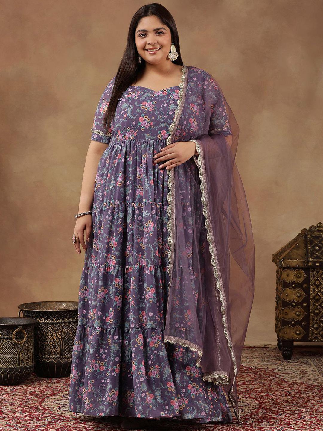 Buy INDDUS PLUS Plus Size Floral Printed Sweetheart Neck Tiered