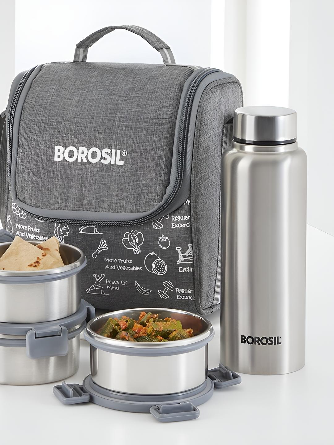 BOROSIL Slate Grey 3-Pcs Stainless Steel Lunch Box With Bottle - Image 1
