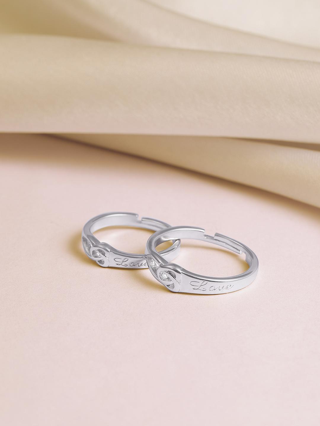 Peora Silver-Toned Rhodium-Plated Couple Ring Set