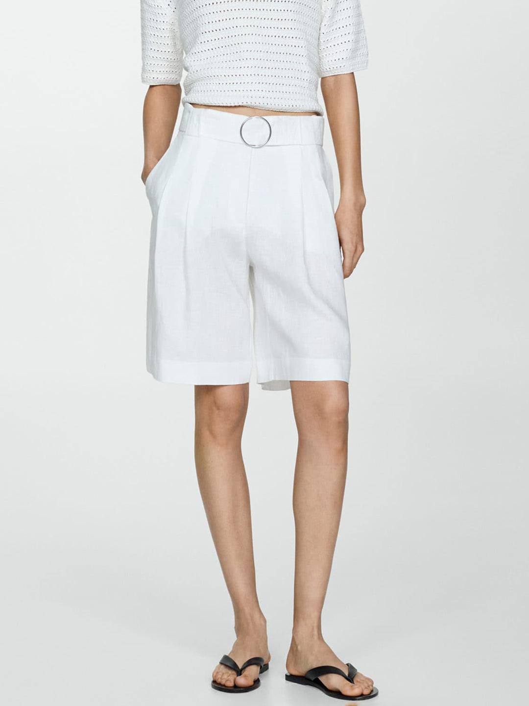 Buy MANGO Women High-Rise Linen Bermuda Shorts with Belt Shorts