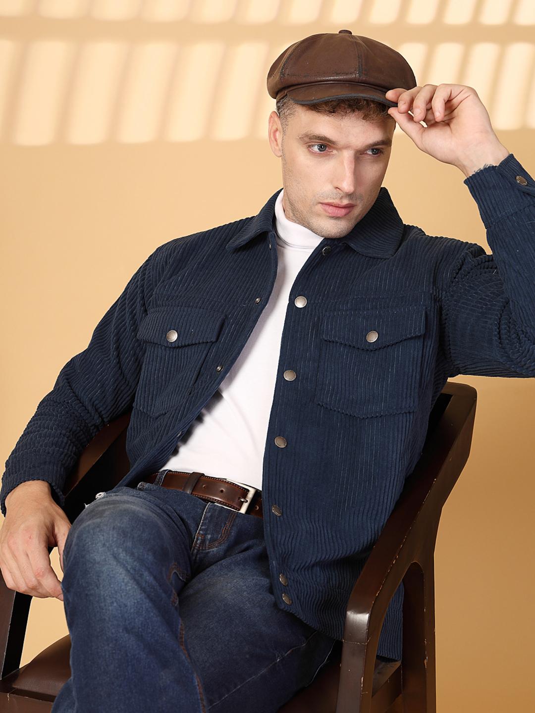 Buy CHKOKKO Men Washed Corduroy Crop Denim Jacket with Patchwork
