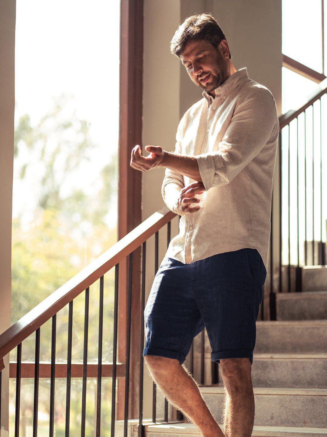 Buy Monks of Method Men Regular Fit Pure Linen Shorts - Shorts for