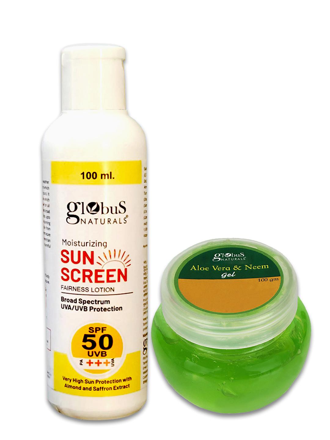 Buy Globus naturals Set Of 2 Sunscreen Lotion SPF 50++ 100 ml & Aloe Vera  Neem Face Gel 100 gm - Skin Care Combo for Unisex 30429136 | Myntra