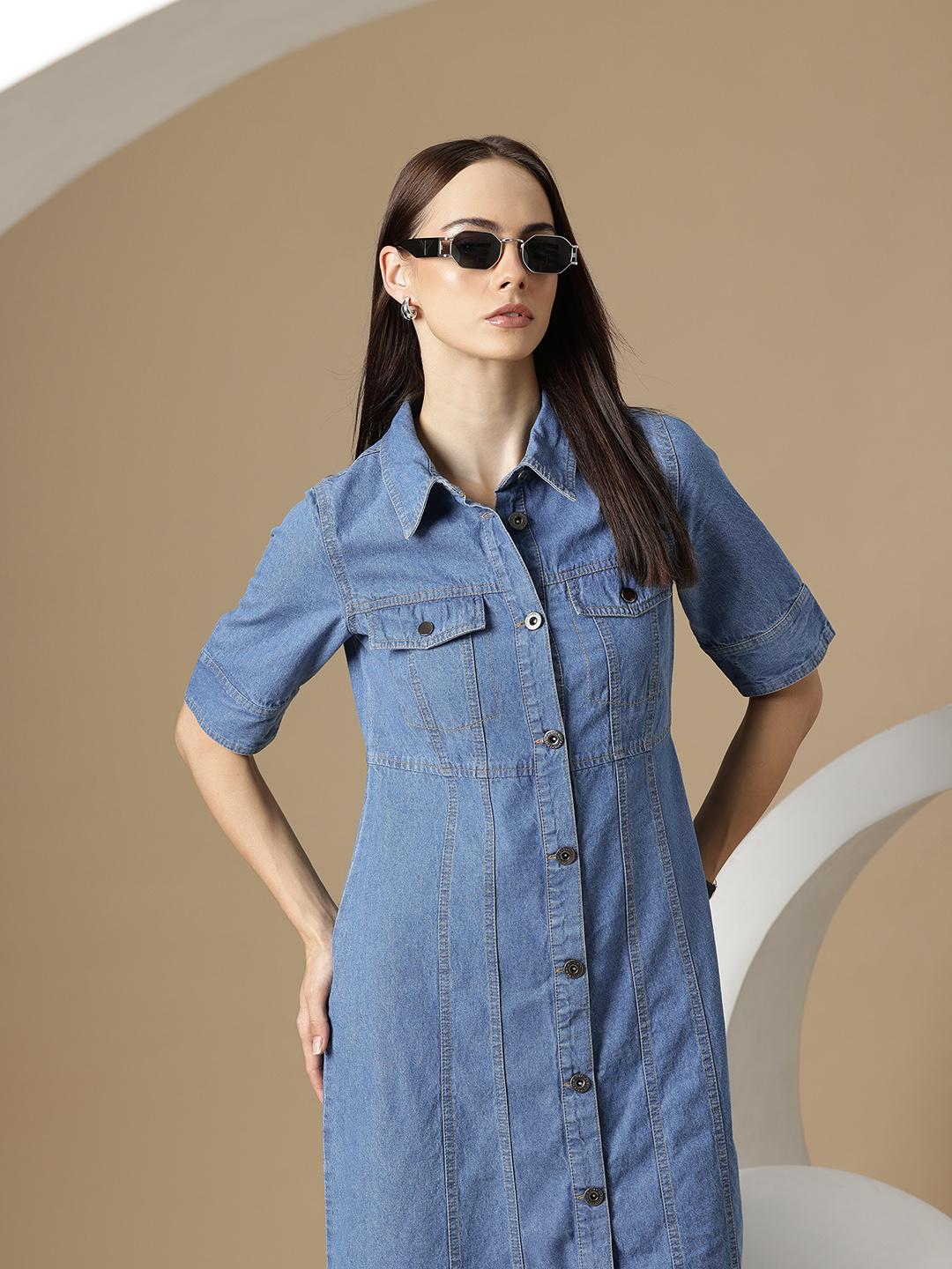 white christmas dresses Denim Crystal Trim Collared Mini Dress – self-portrait-US main image 1
