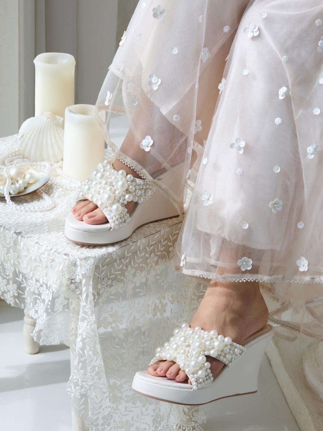 Bridal Wedges Tajna Wedges Low Wedged Open Toe Wedding White Shoes Shiny  White Ribbon Wedge, image size:1080x1440