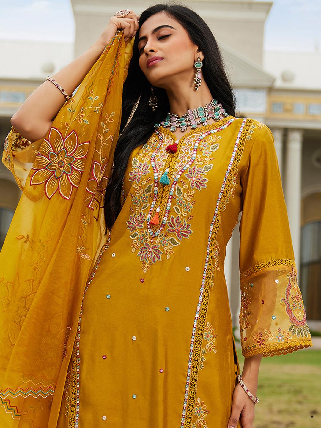 Women Ethnic Motifs Printed Flared Sleeves Mirror Work Kurta