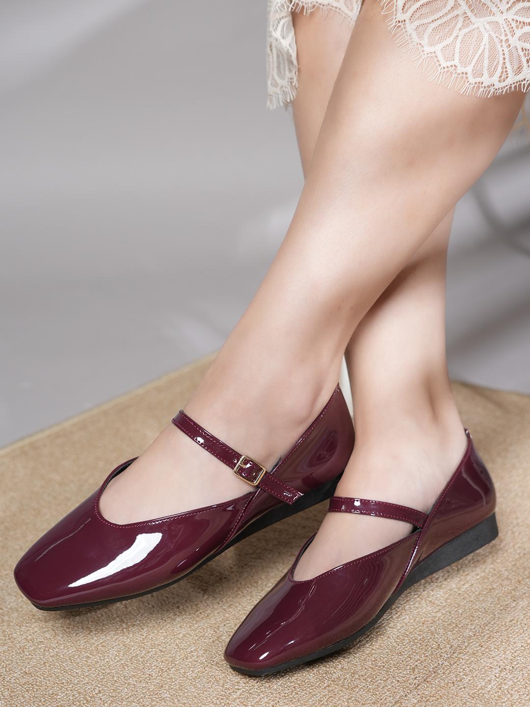 Mary Janes Burgundy Patent Leather Flats Shiny Glossy Patent