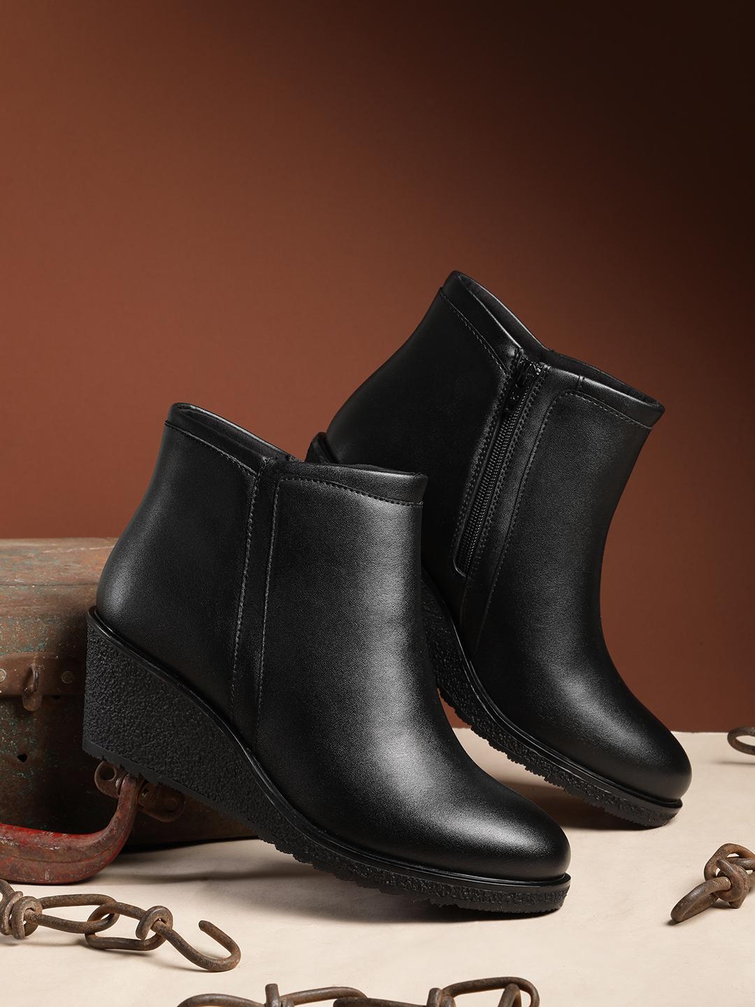 Black Leather Wedge Black Boots Wedge Heel Saint Emily Black