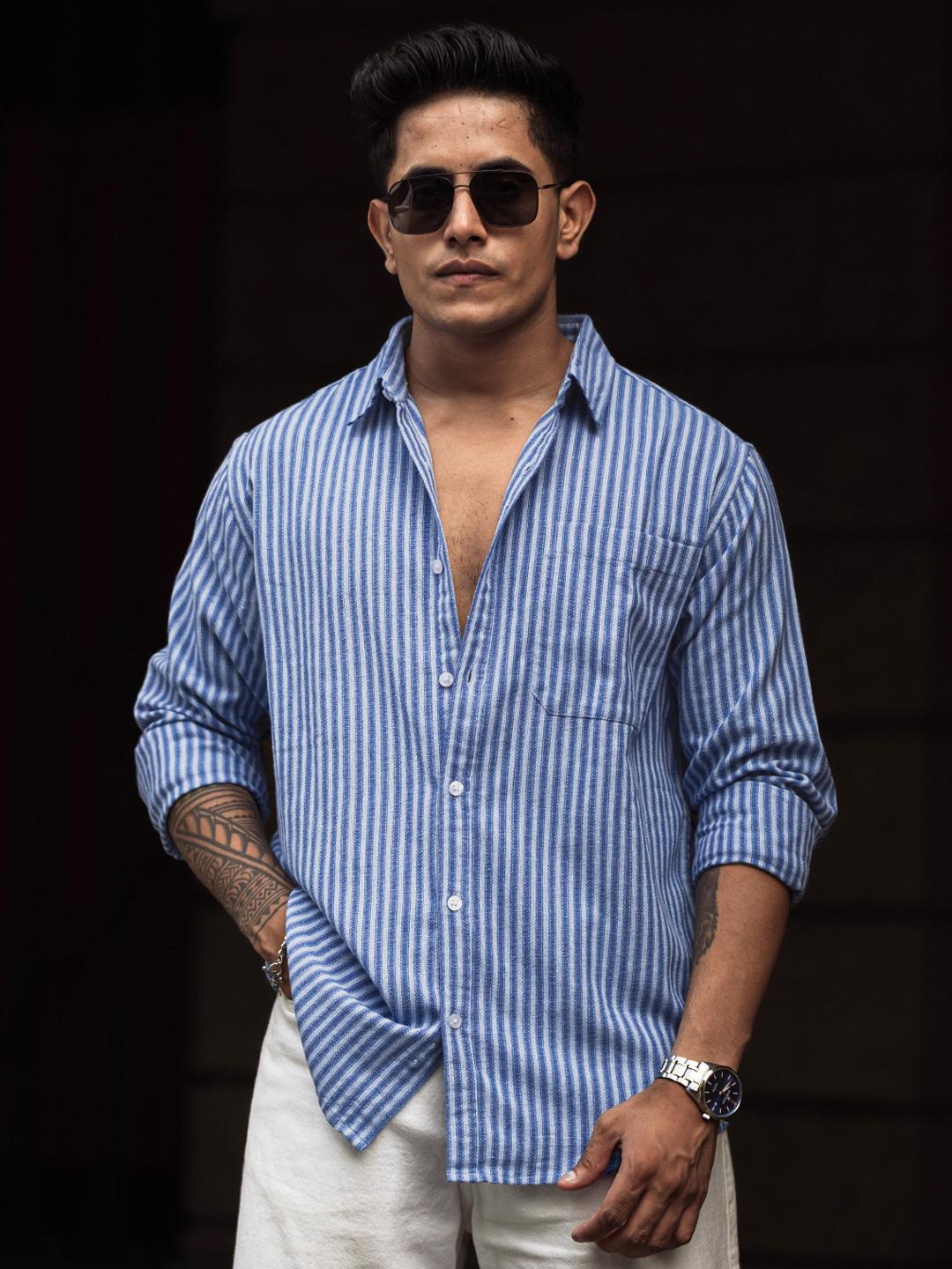 Powerlook Men Spread Collar Vertical Striped Cotton Shirt - Image 1