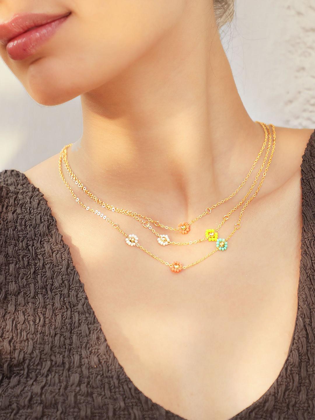 Rubans 18K Gold Plated Multicolor Flower Charm Layered Necklace with  Delicate Chain Design