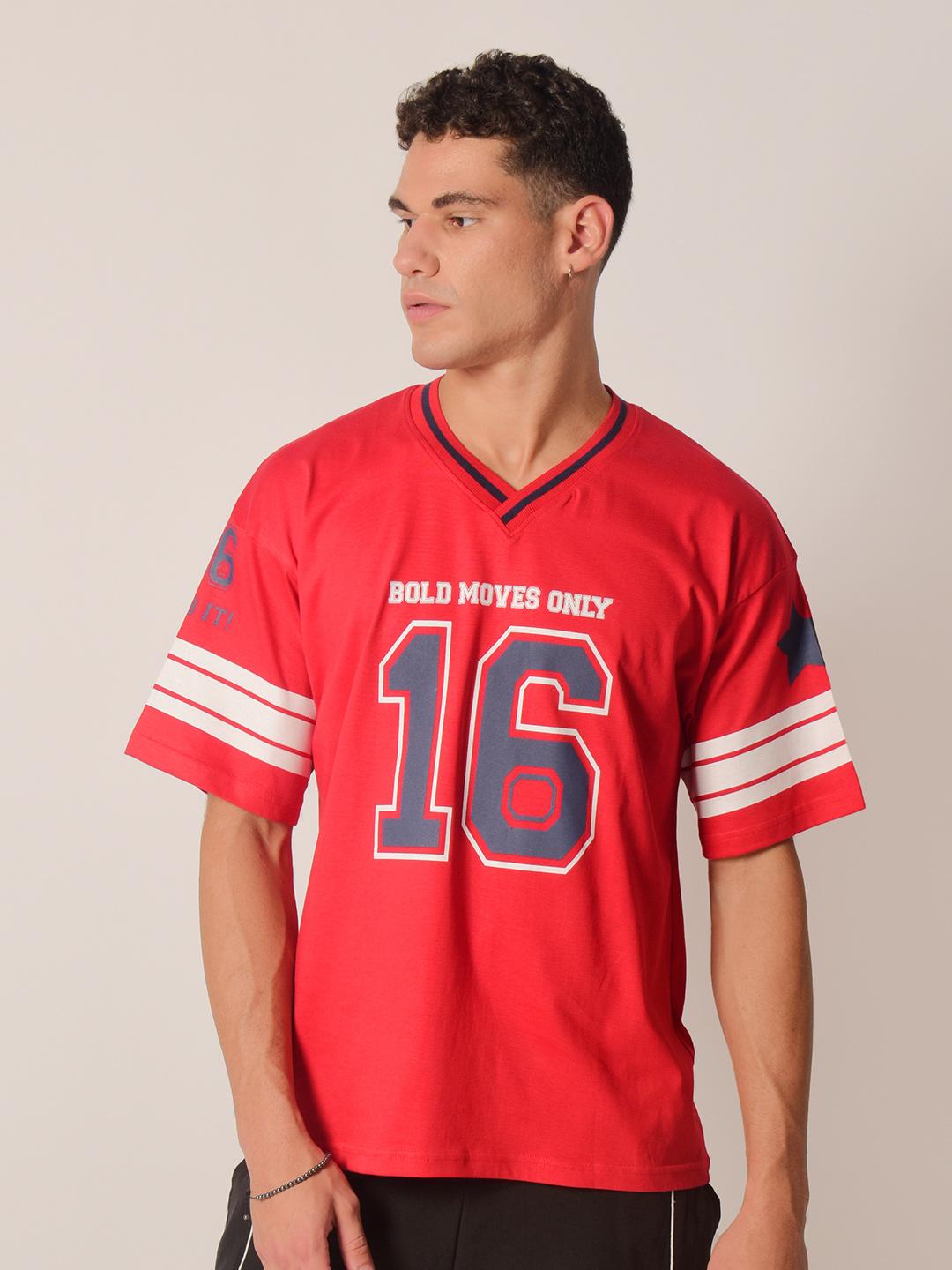 IZF Men Varsity Printed V-Neck Cotton Oversized T-shirt