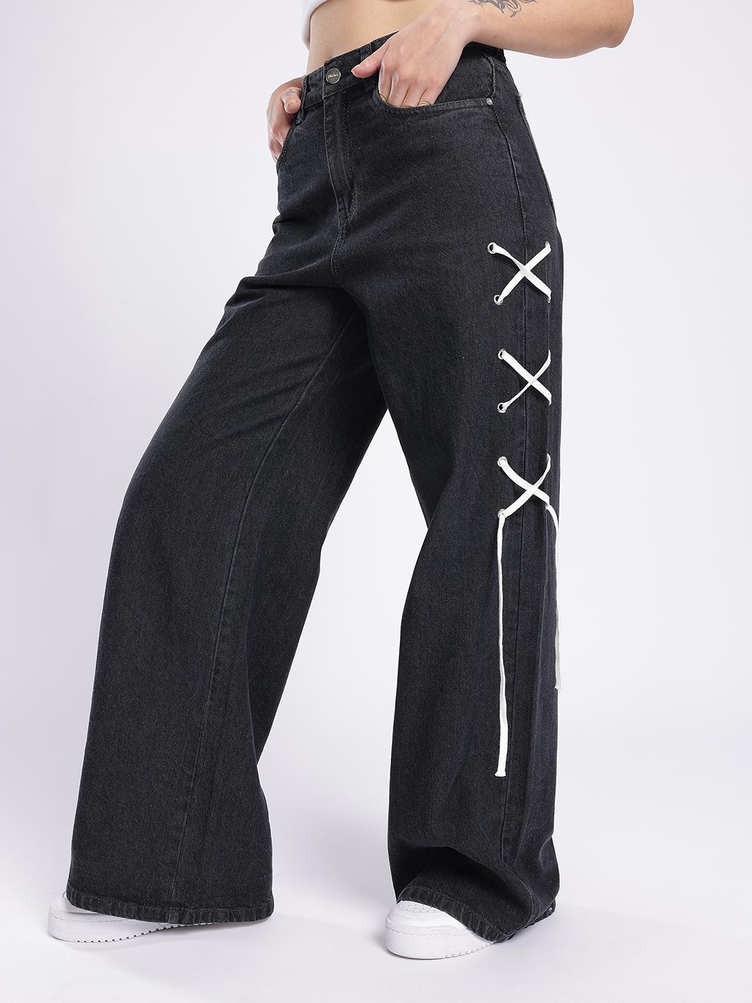 即日発送Peoplestyle A-line Wide-leg Jeans PEOPLESTYLE A-line Wide-leg Jeans Black