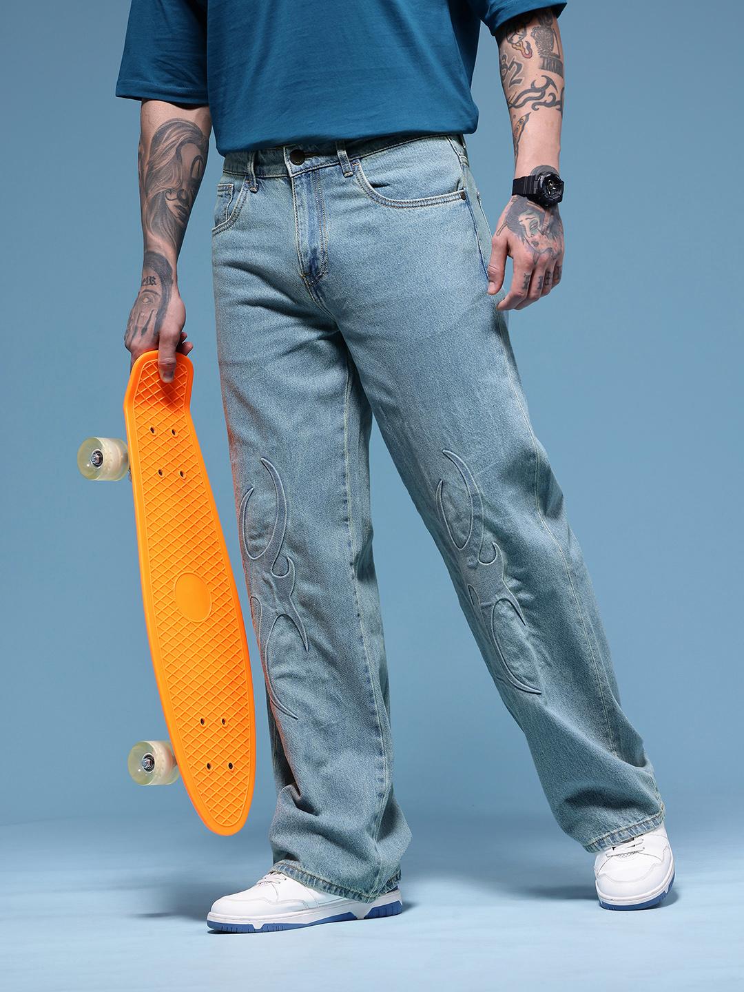 HERE&NOW Men Baggy Mid-Rise Light Fade Cotton Jeans