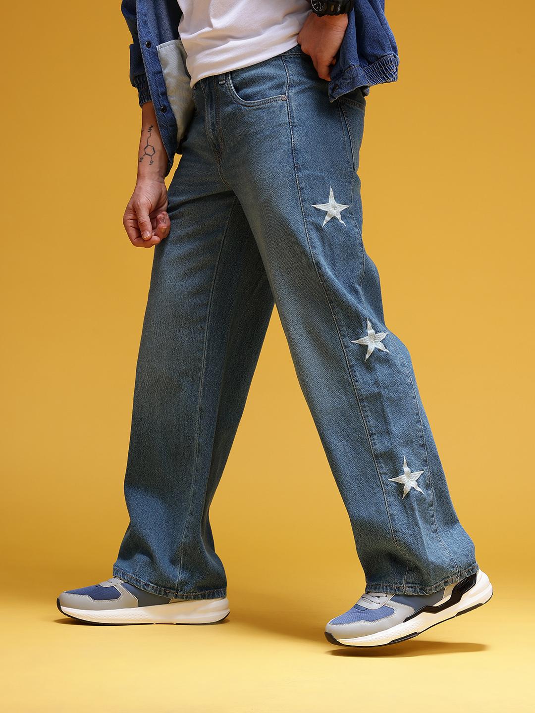 HERE&NOW Men Baggy Fit Light Fade Applique Jeans - Image 1