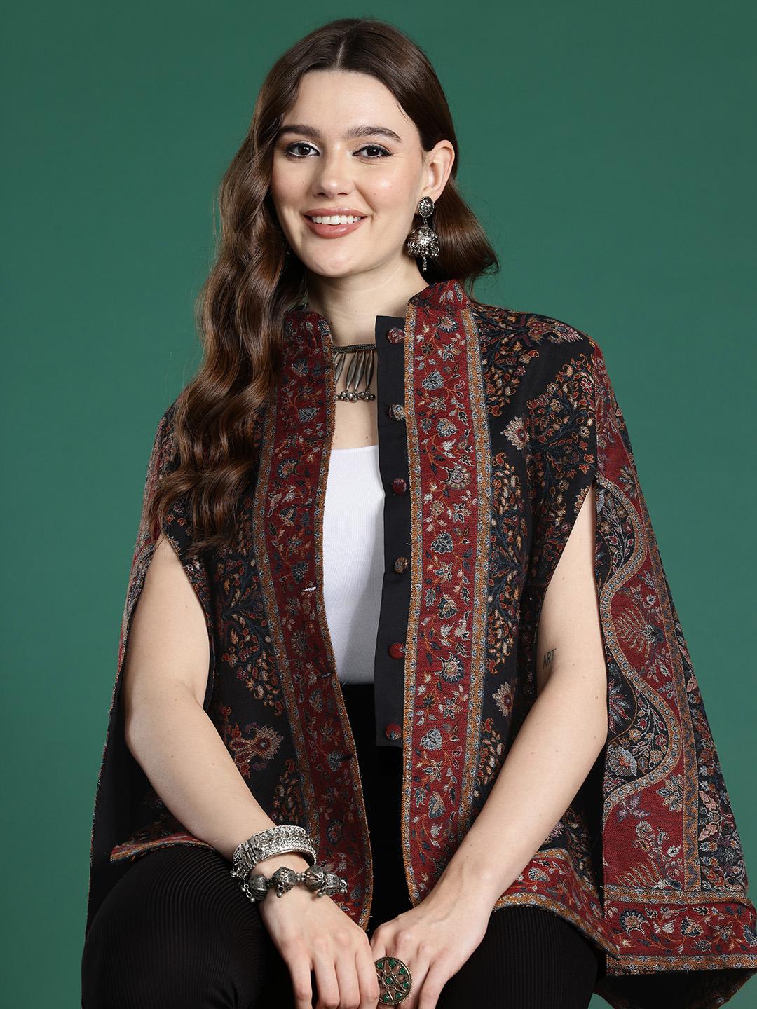 Buy Sangria Floral Woven Design Cape Jacket - Jackets for Women