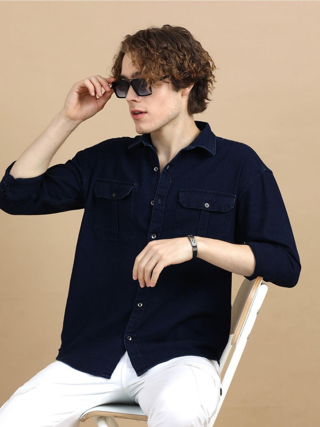 Buy Bushirt Men Comfort Spread Collar Solid Cotton Oversized