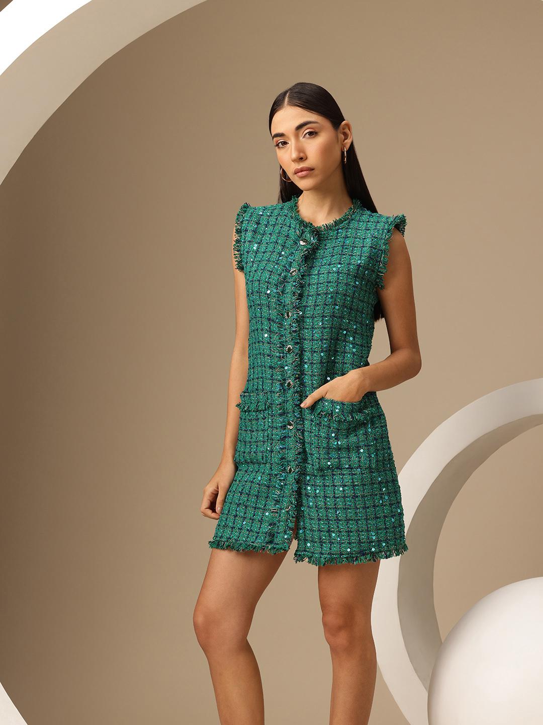 Buy Chemistry Checked Pure Wool Tweed A-Line Mini Dress - Dresses