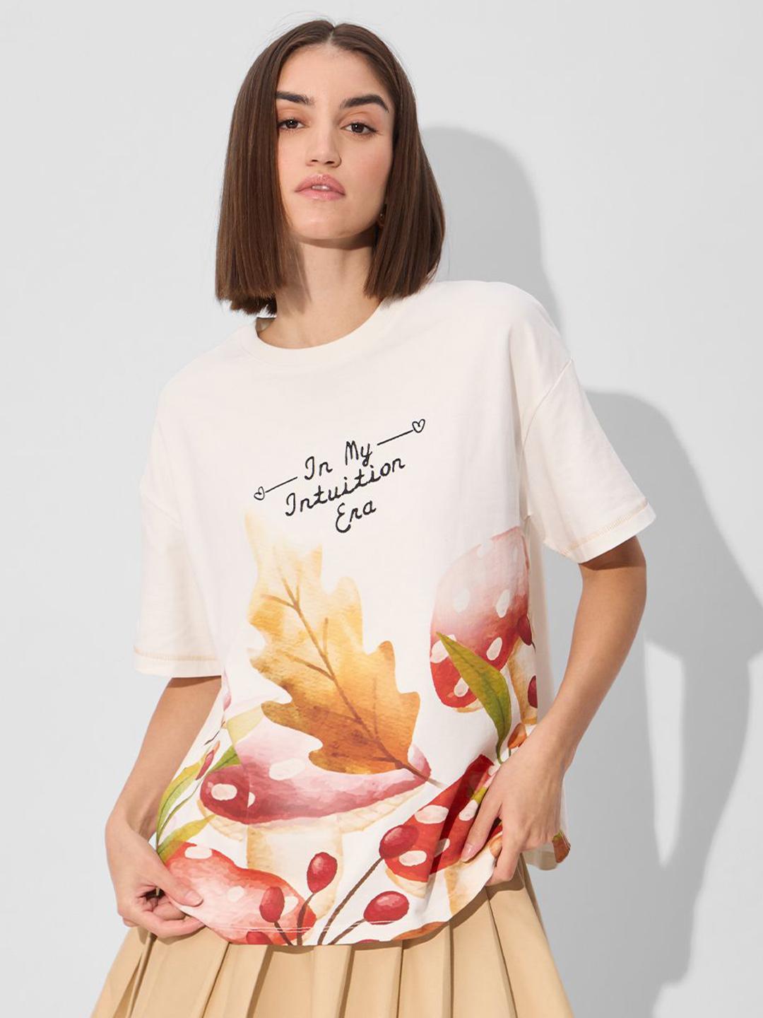 The Souled Store Women White Printed Cotton Oversized T-Shirt