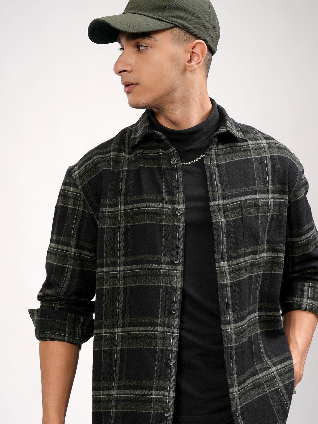 HIGHLANDER Men Flannel Grindle Textured Checked Relaxed Overshirt