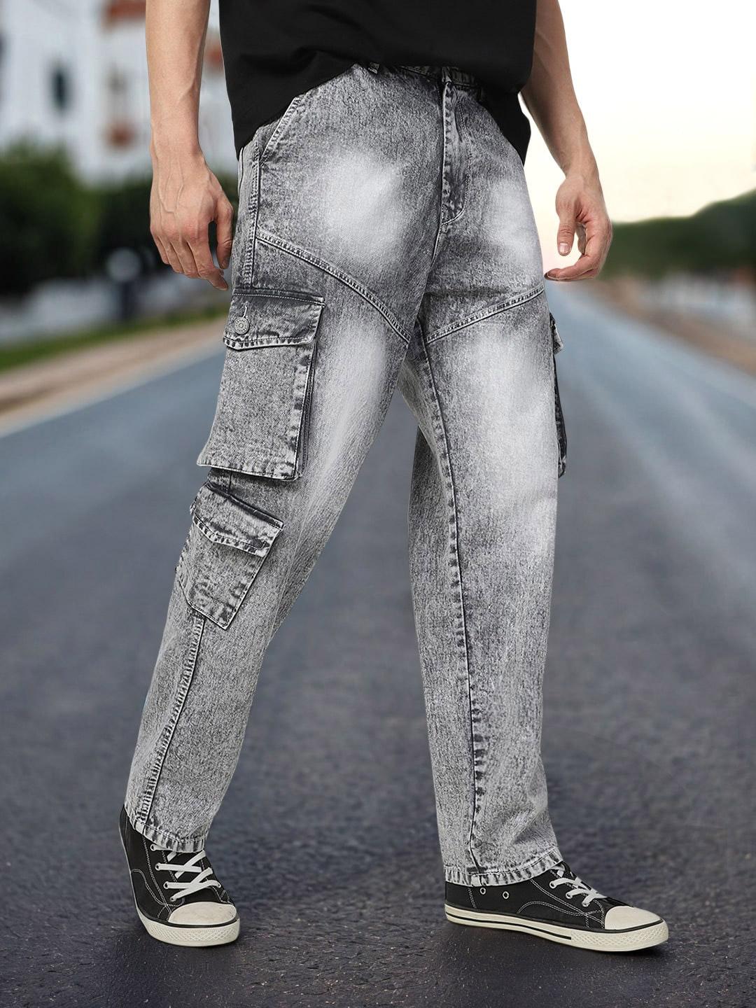 Buy Urbano Fashion Men Ice Grey Cargo Relaxed Fit Jeans With