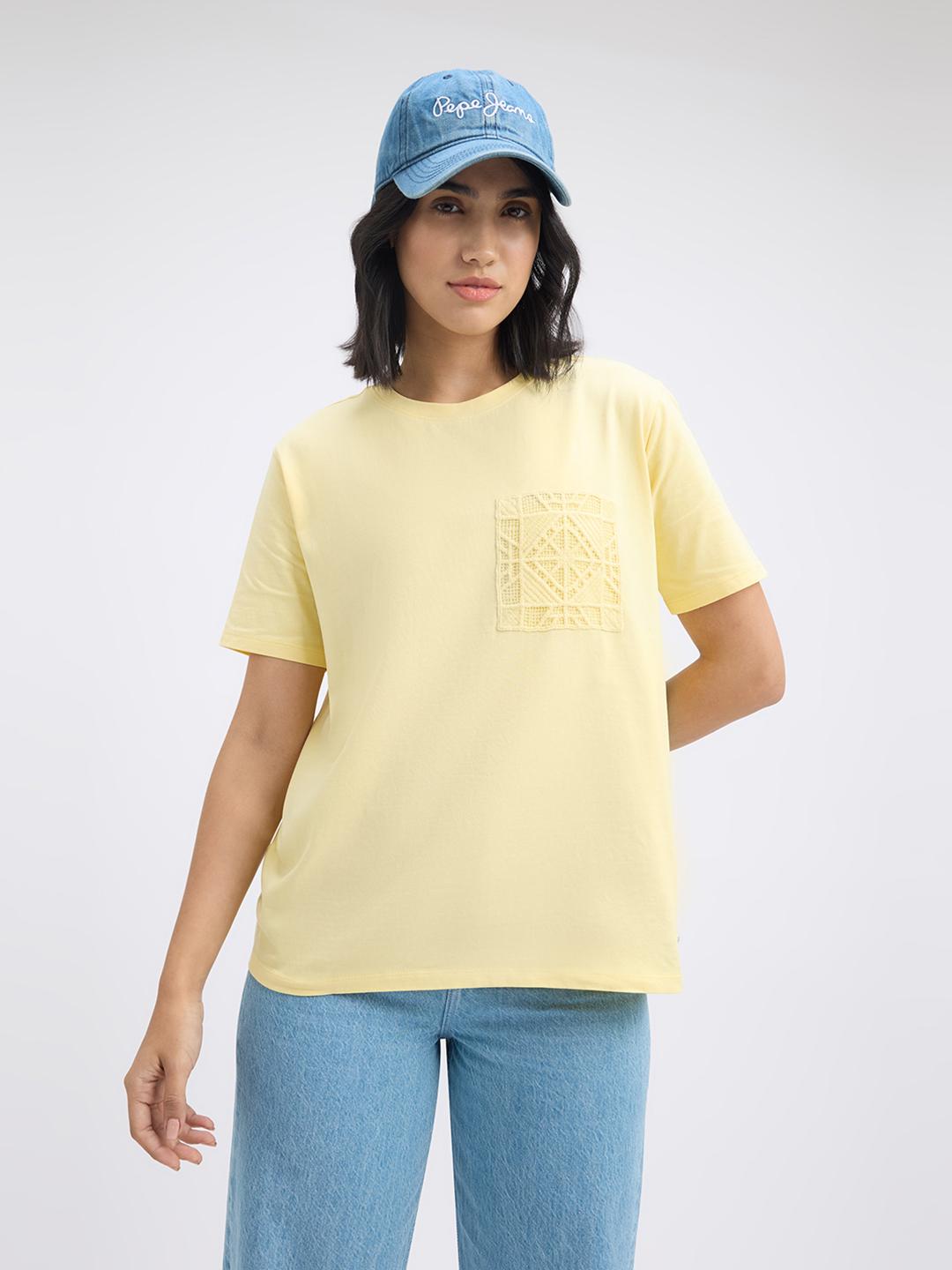 Buy Pepe Jeans Women Solid Round Neck Cotton T-shirt Tshirts for