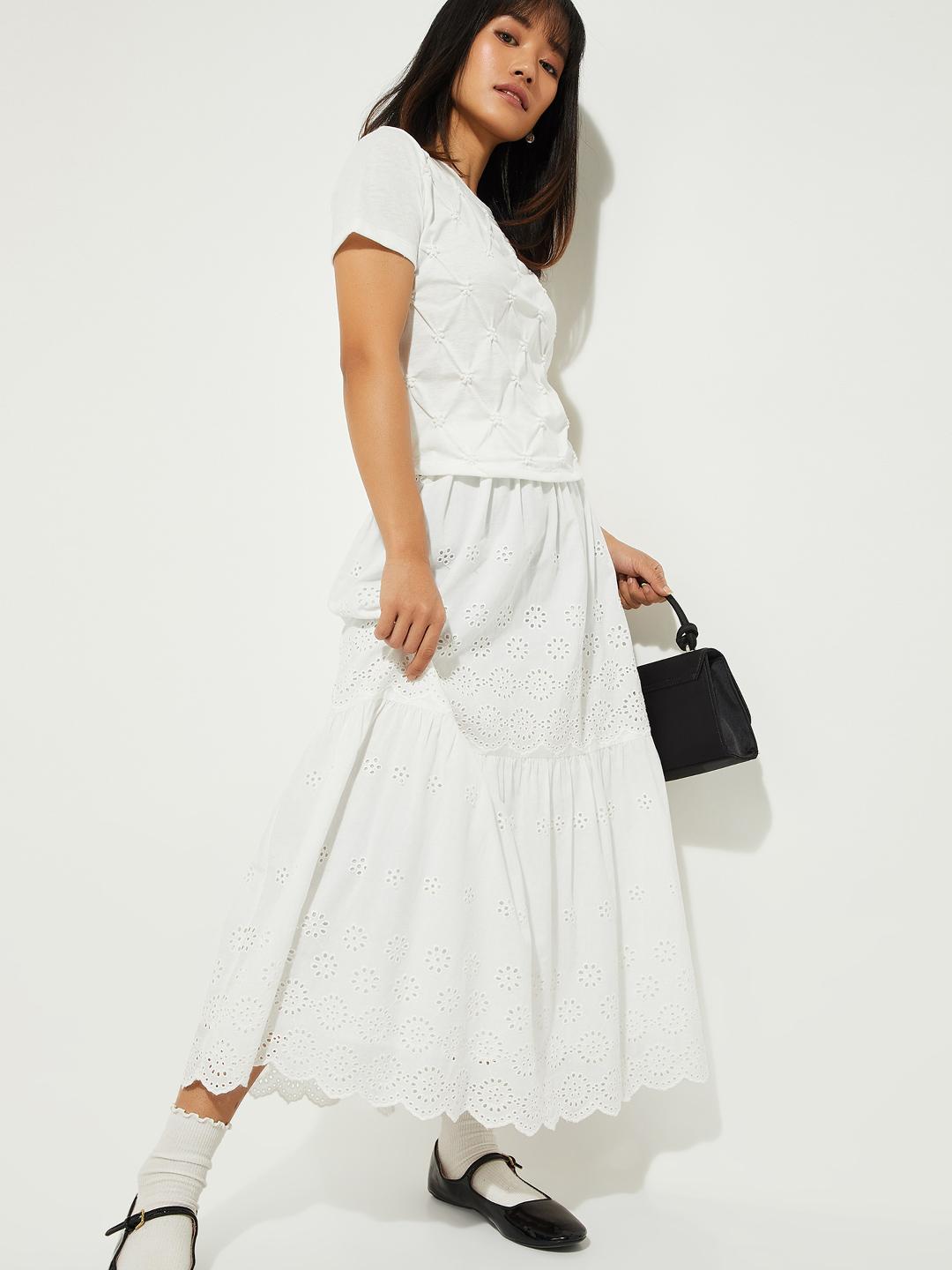 Buy ALAYA F x URB_N Max Schiffli Pure Cotton Maxi Flared Skirt