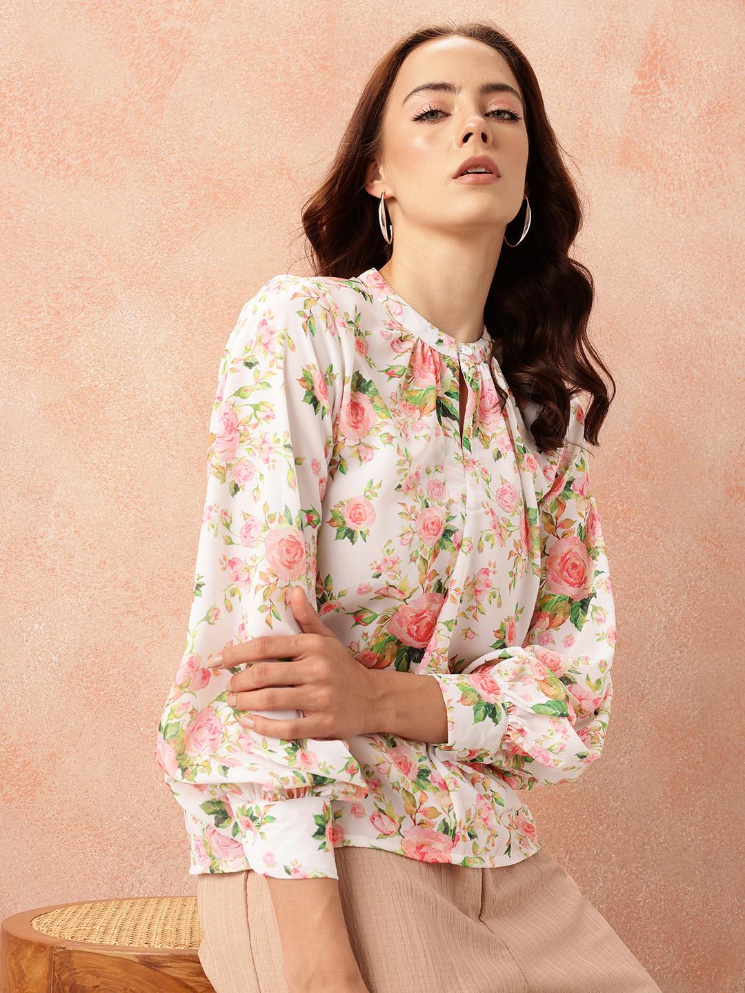 all about you Floral Print Keyhole Neck Puff Sleeves Georgette Semi-Sheer Top