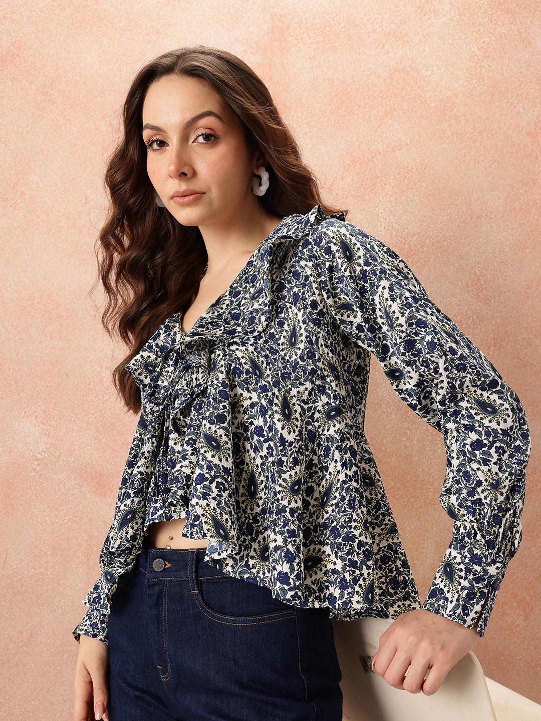 all about you Print Ruffles Ethnic Empire Crop Top - Image 1