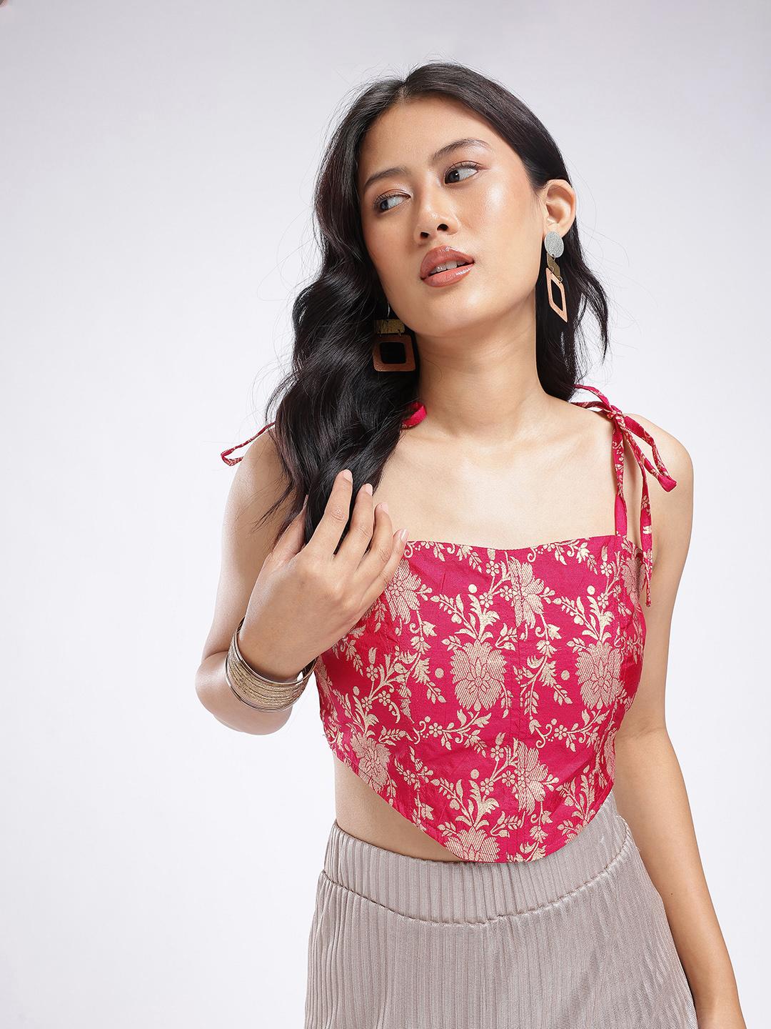 Buy glitchez Floral Woven Design Shoulder Tie-Ups Corset Detail