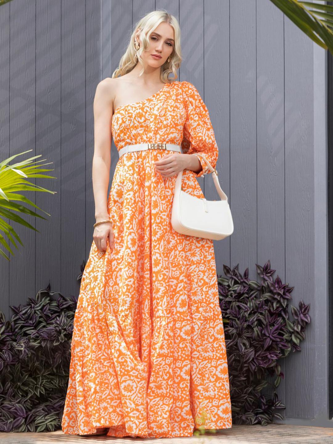 Buy House of Abeena Floral Print One Shoulder Puff Sleeve Fit