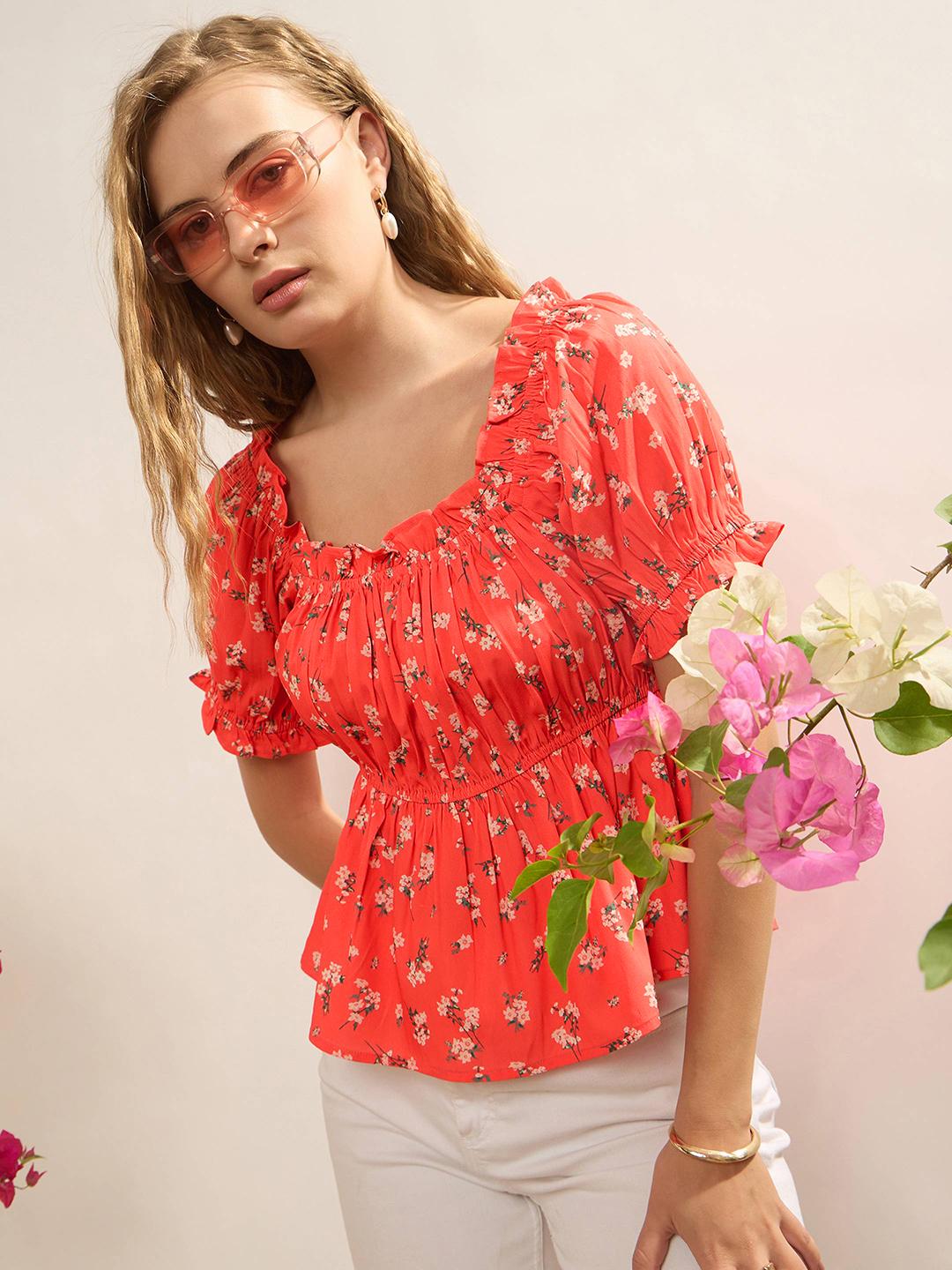Buy CORSICA Floral Print Puff Sleeve Peplum Top - Tops for Women