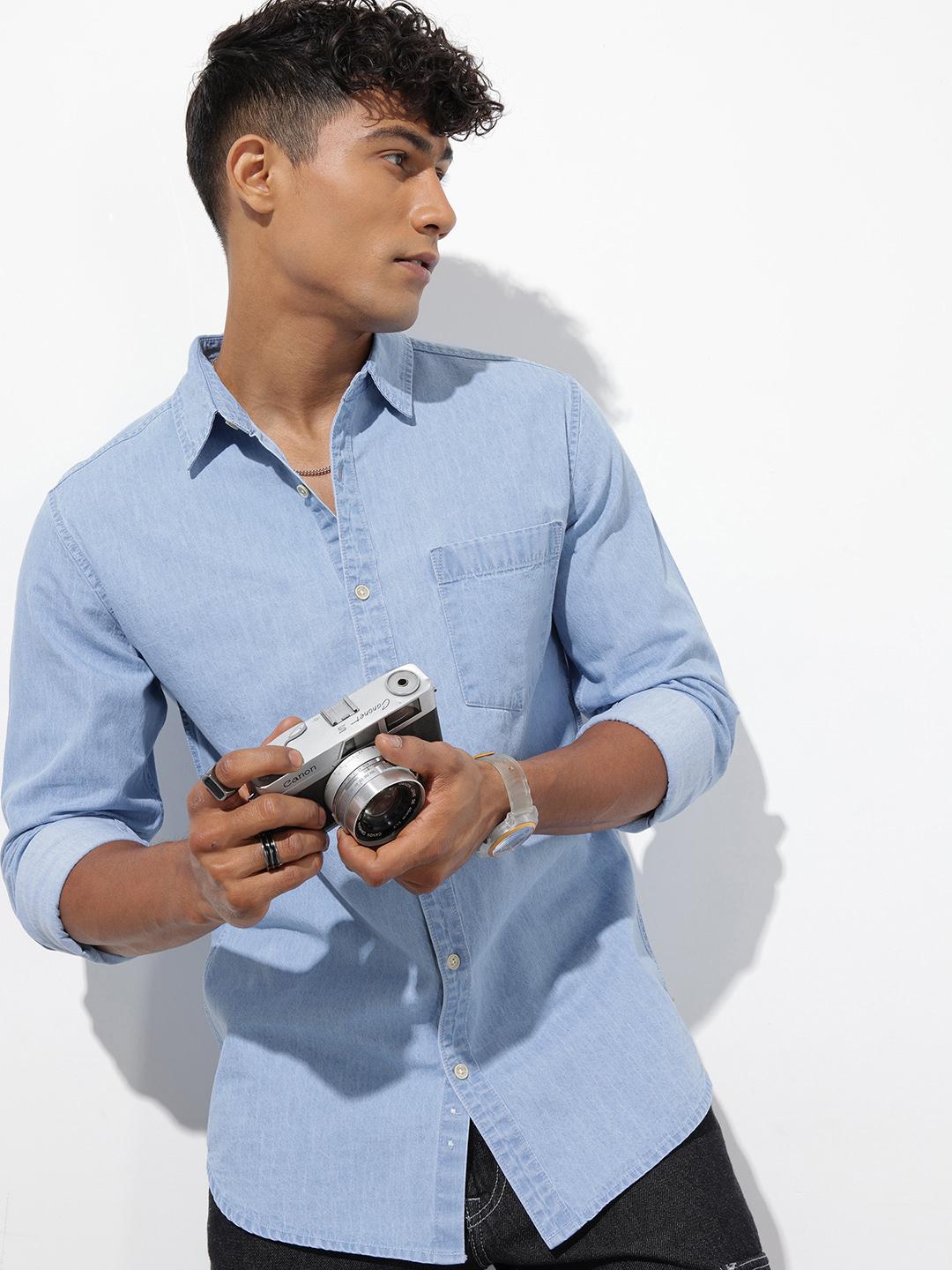 R.Code by The Roadster Life Co. R.Code Solid Denim Shirt, Blue