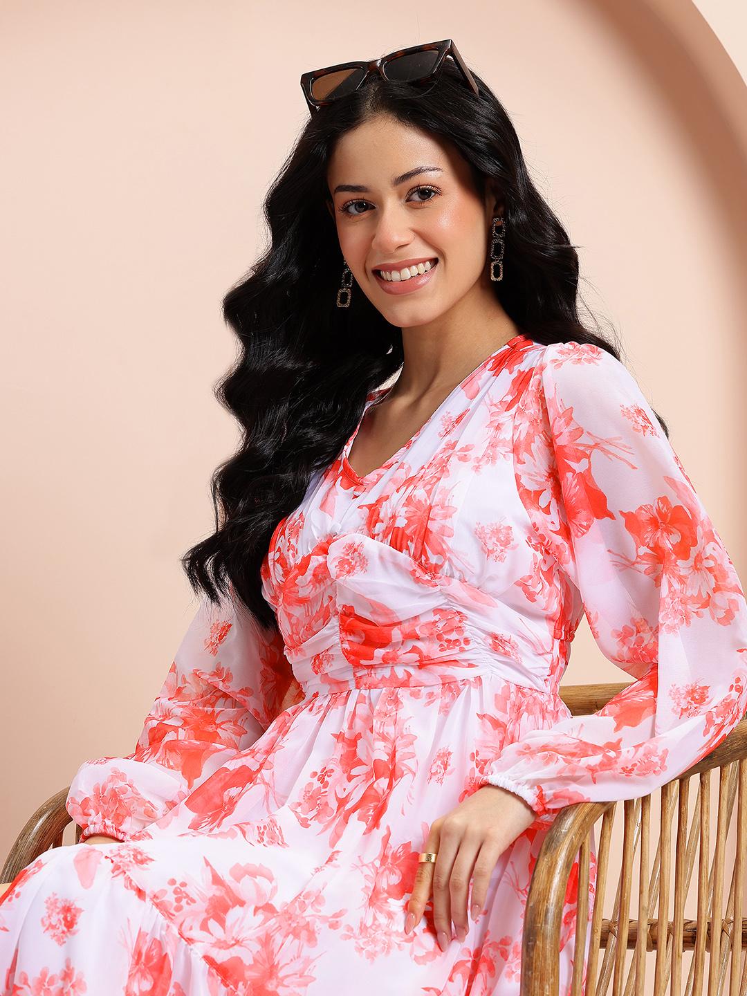 Buy Mast & Harbour Floral Print Ruched Tiered Empire Midi Dress