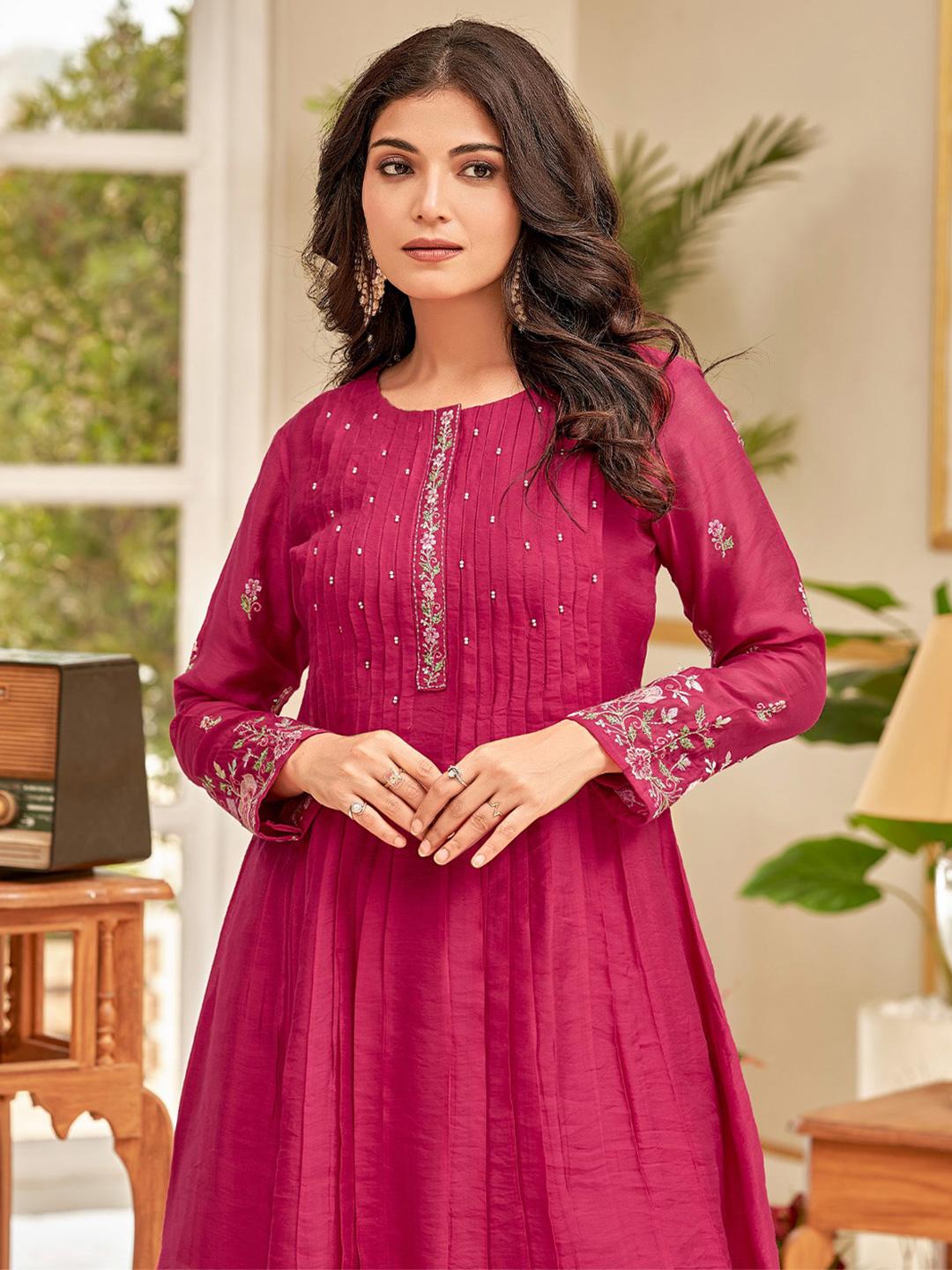 Varanga Floral Embroidered Chanderi A-Line Kurta with Palazzos