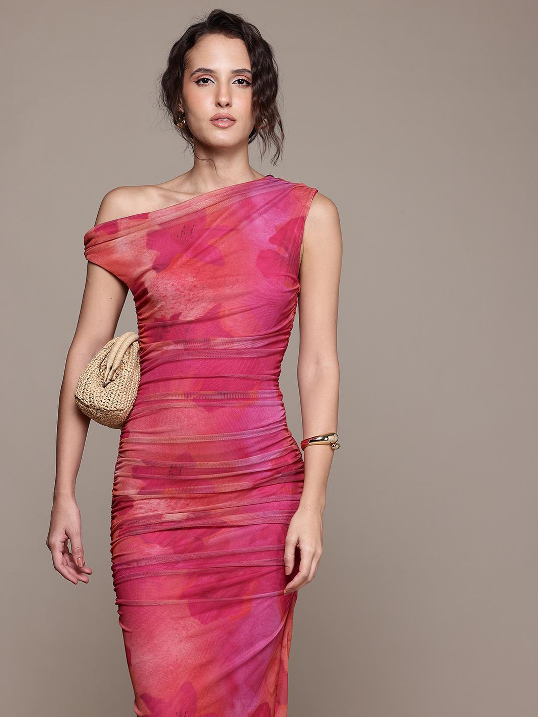 Buy MANGO Floral Print Ruched Effect One Shoulder Mesh Party Bodycon Maxi  Dress - Dresses for Women 34189039 | Myntra