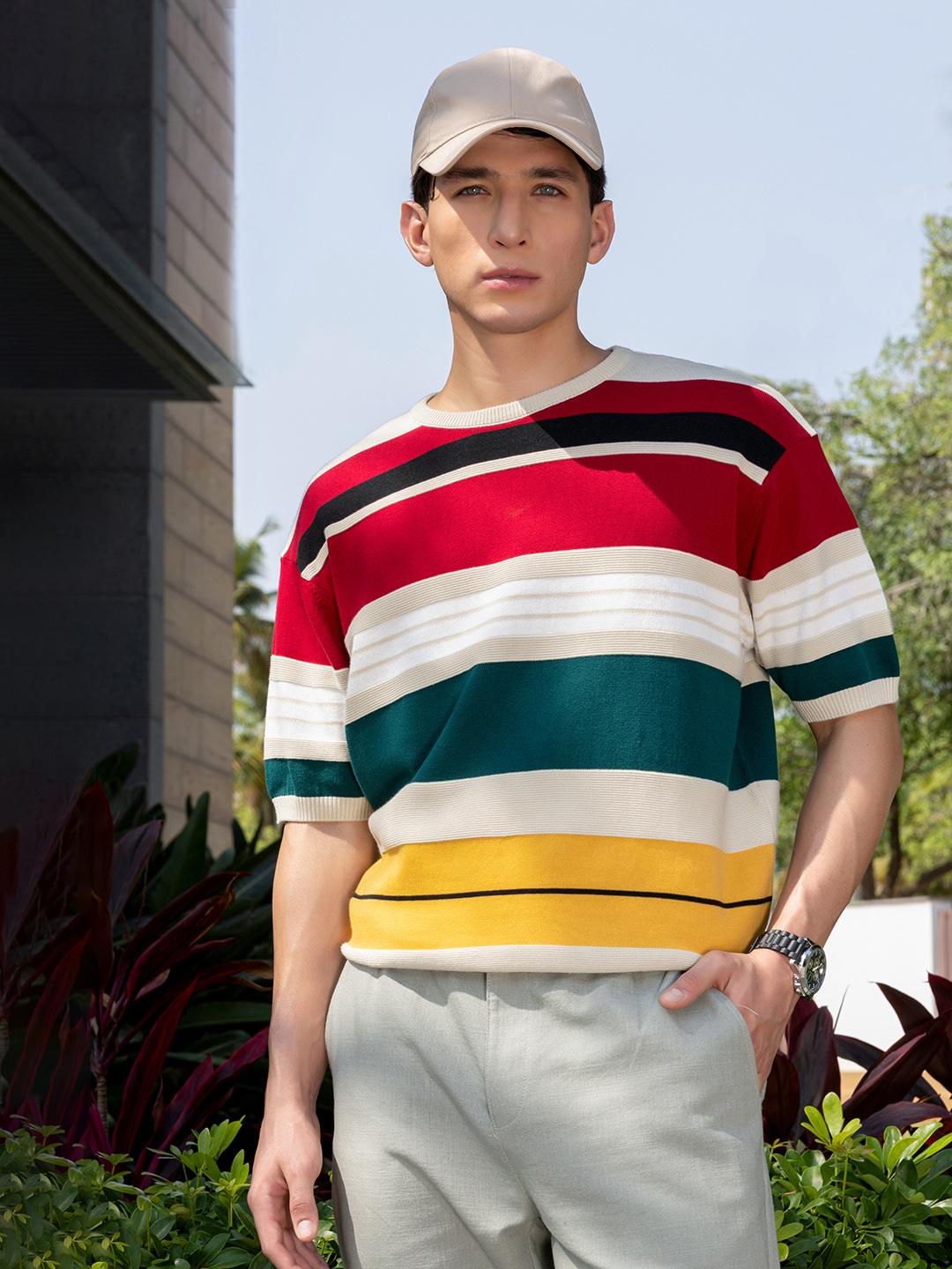 The Indian Garage Co Men Flat Knit Oversized Striped Polo T-Shirt