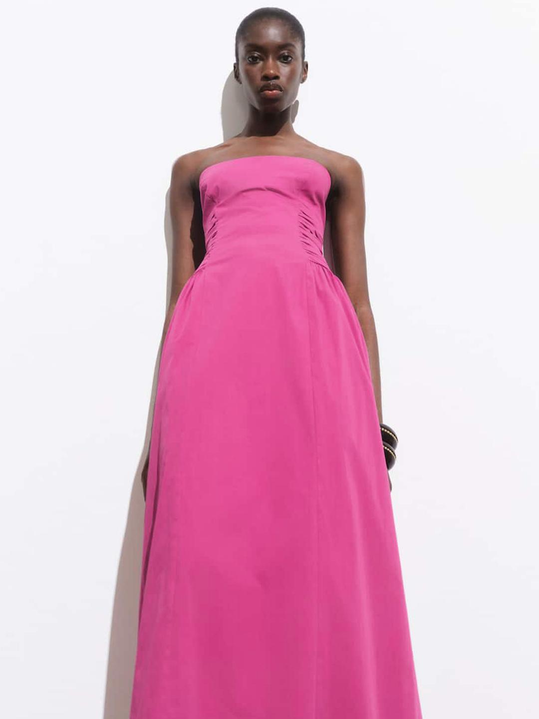 MANGO Off-Shoulder Pleated Bandeau Midi Dress