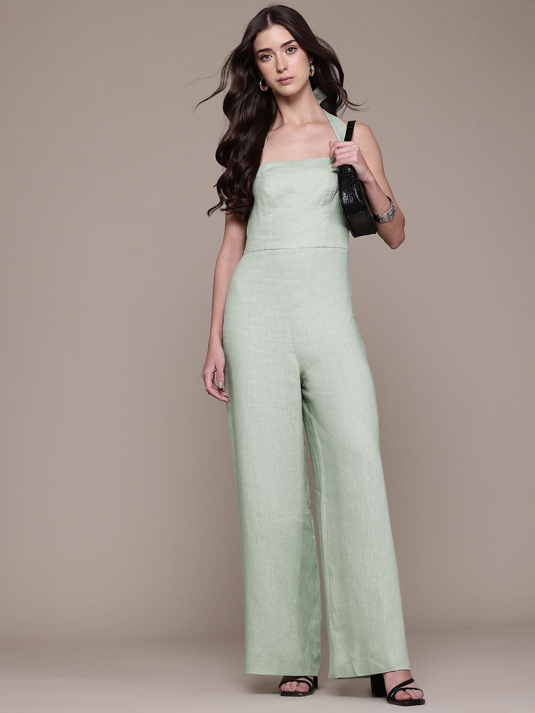 MANGO Halter Neck Smocked Linen Basic Jumpsuit