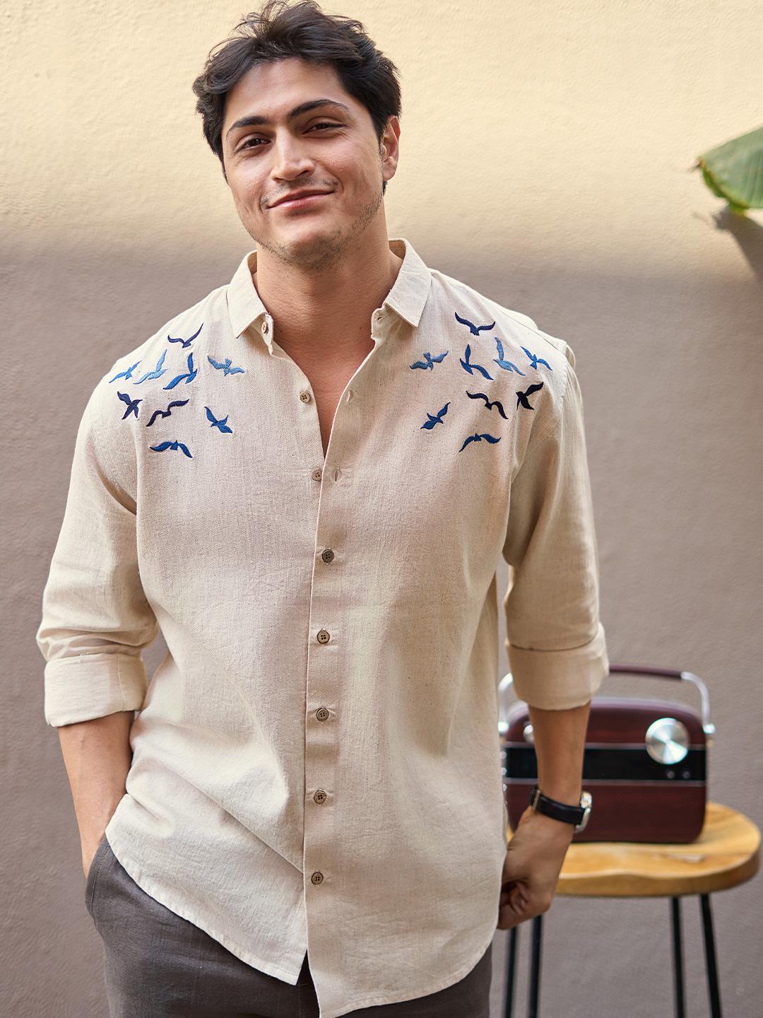 HAMPTONS Cotton Regular Fit Beige Embroidery Shirt