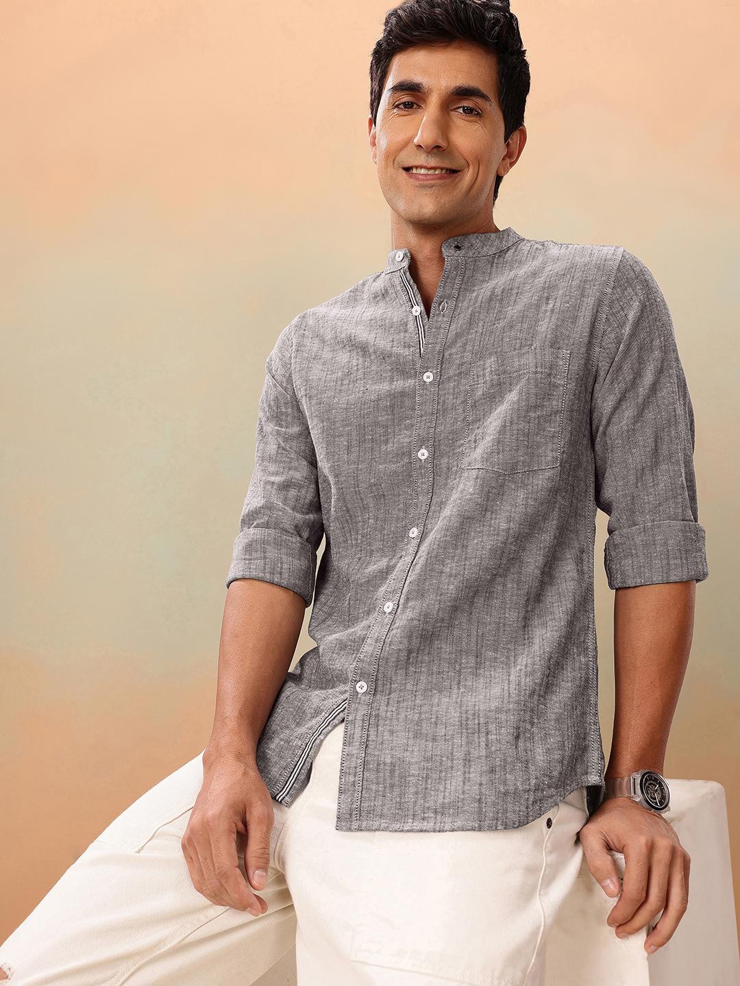 Mast & Harbour Solid Cotton Linen Mandarin Collar Shirt - Image 1