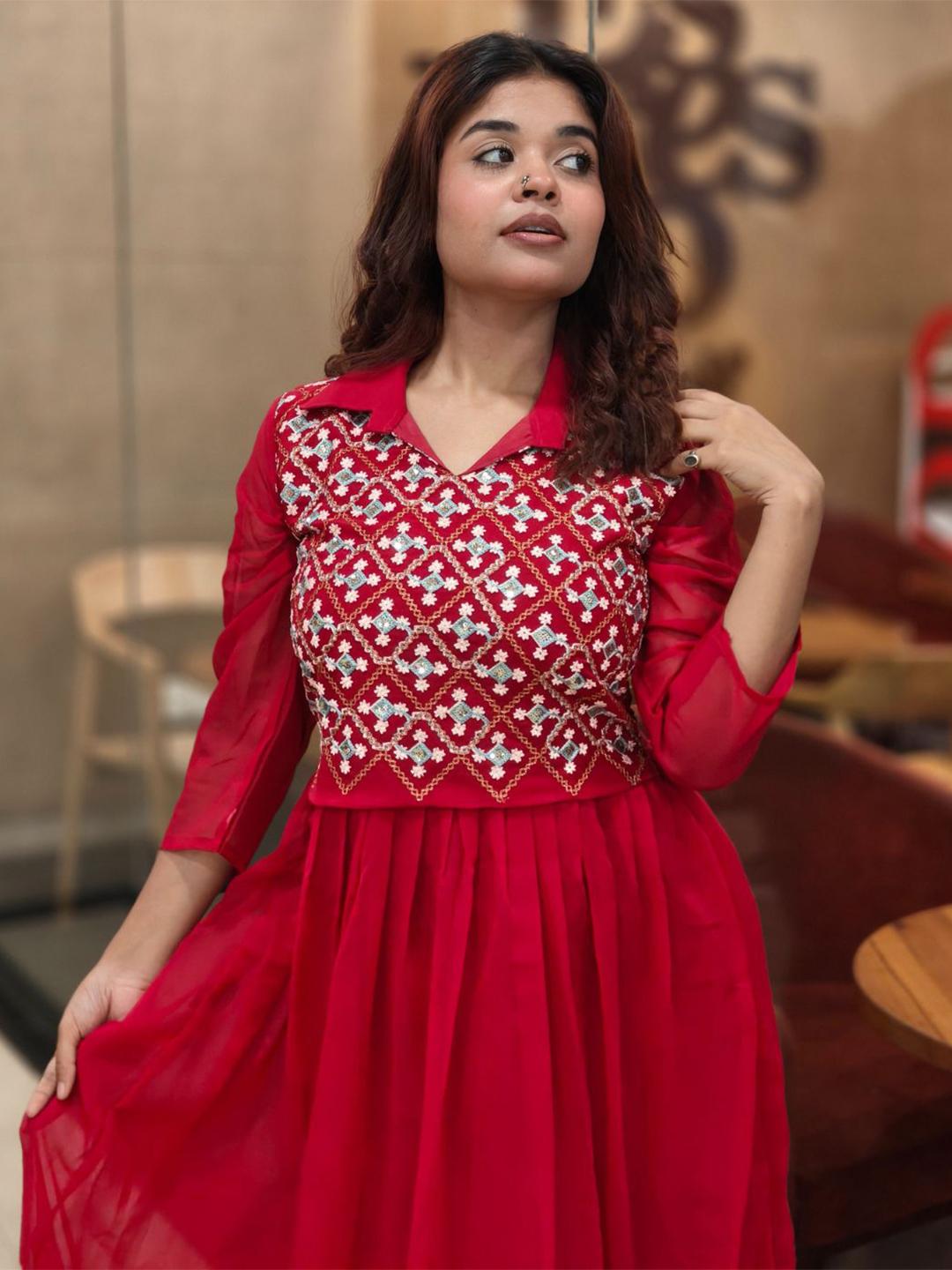 Buy KALINI Woven Designed Embroidered Three Fourth Ethnic Dresses