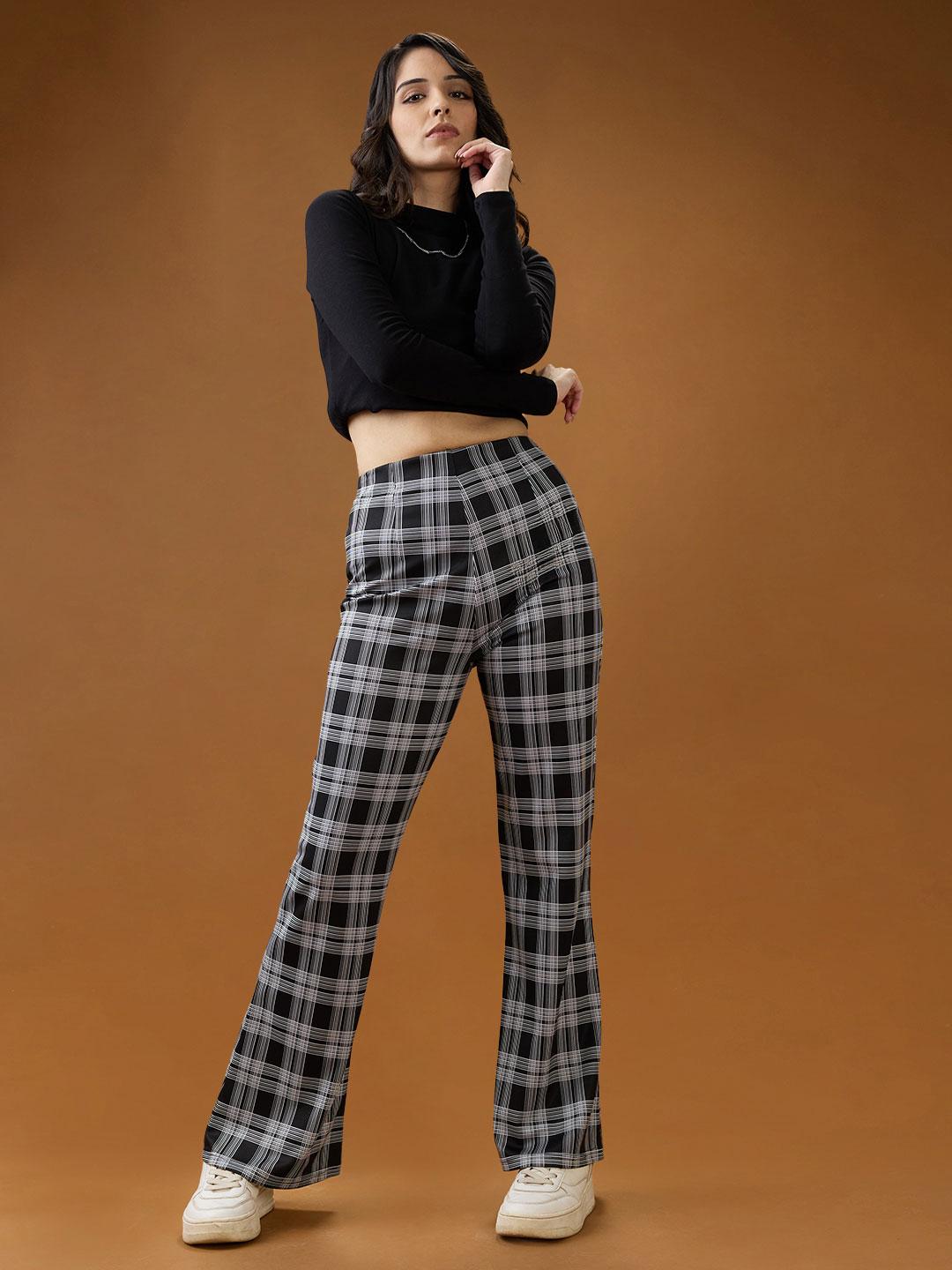 Buy Globus Women Black Checkered High Rise Flared Trousers