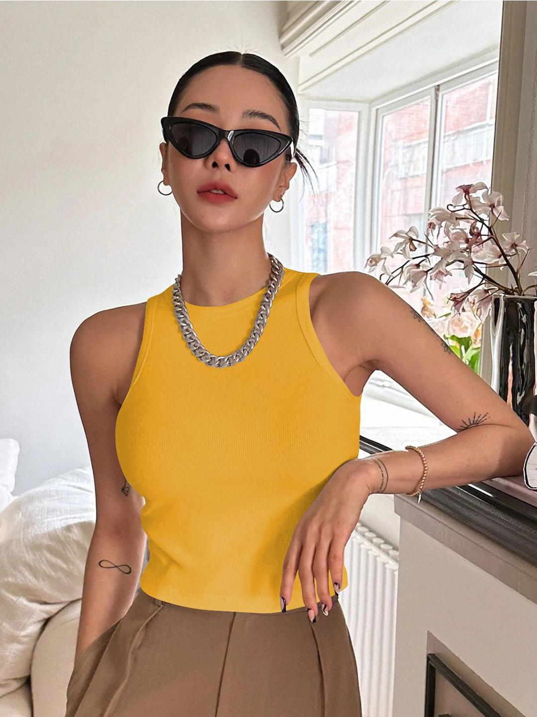 NKNIT rib mini tank top(navy、yellow) Yellow Ribbed Cropped Tank Top