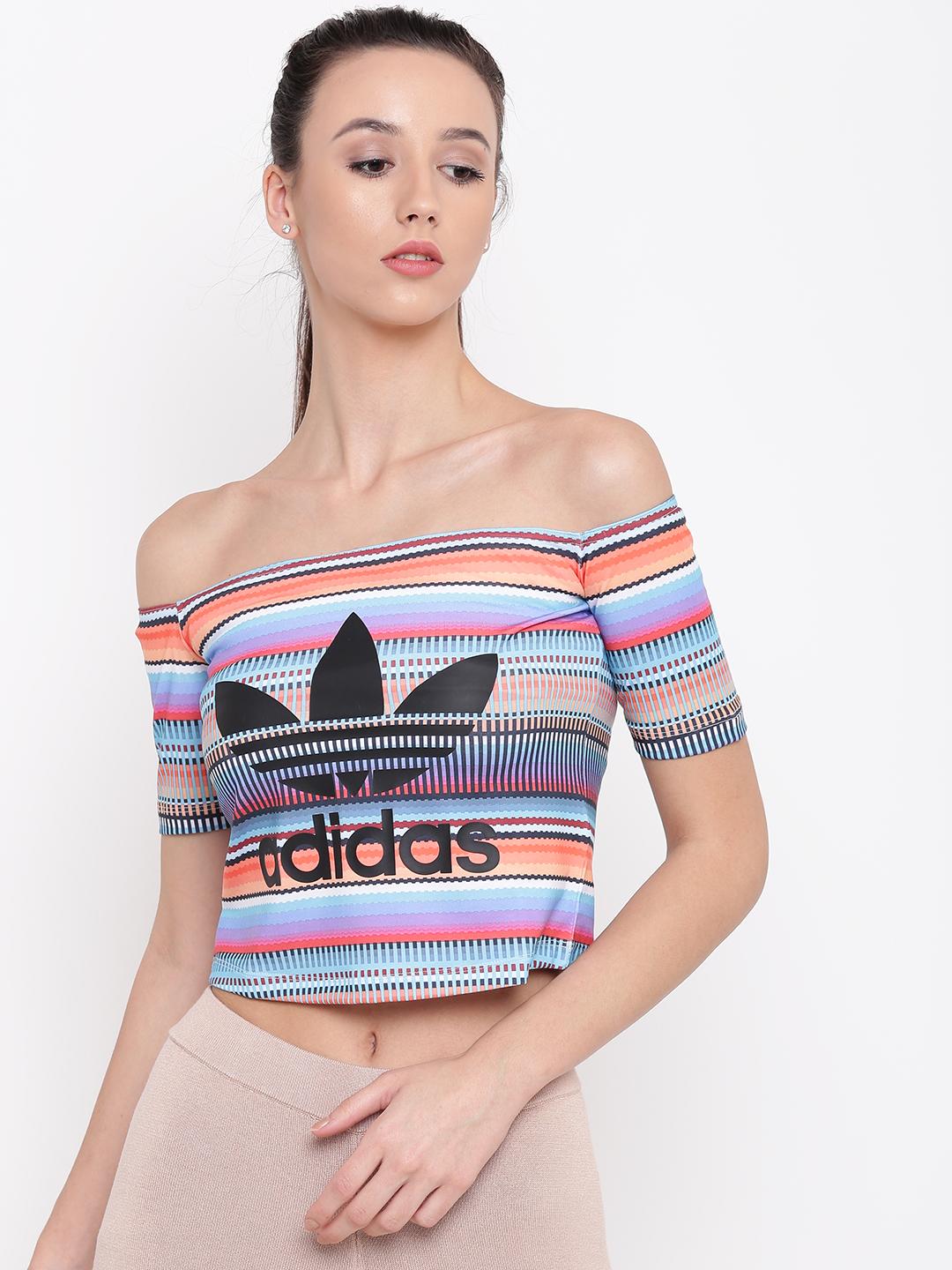 Buy ADIDAS Originals Multicoloured Off Shoulder Striped Crop Top