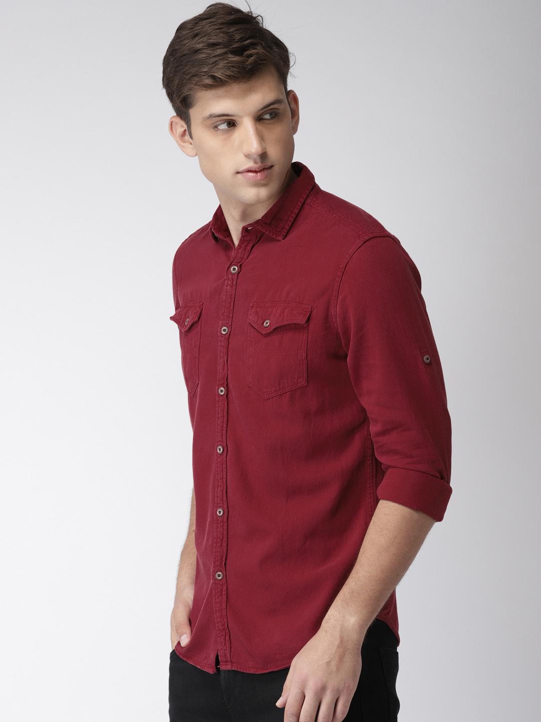 Buy LOCOMOTIVE Men Maroon Slim Fit Solid Denim Casual Shirt